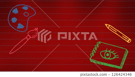 Image of school icons with copy space over red background Image of school icons with copy space over red background 126424346