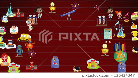 Image of school icons with copy space over red background Image of school icons with copy space over red background 126424347