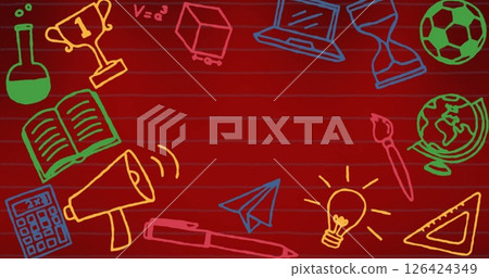 Image of school icons with copy space over red background 126424349