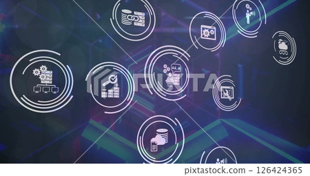 Image of technology icons over digital tunnel on black background 126424365