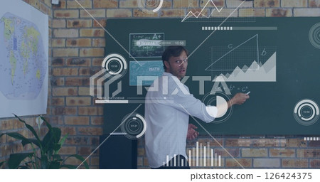 Image of diagrams and data processing over caucasian male teacher writing on board 126424375