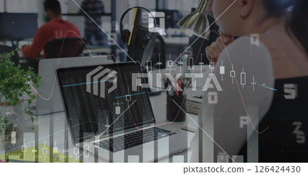 Image of financial data processing over caucasian businesswoman using laptop 126424430