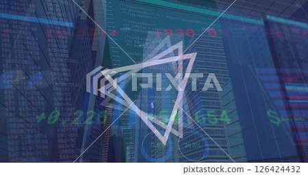 Image of financial data processing over computer screens and city 126424432