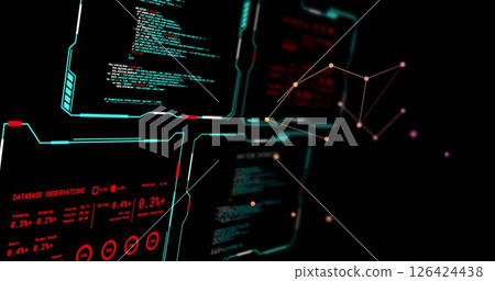 Image of digital data processing over screens on black background 126424438