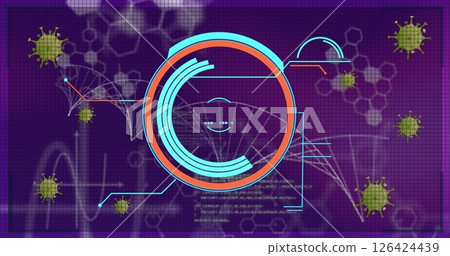 Image of dna strand and scientific data processing over dark background Image of dna strand and scientific data processing over dark background 126424439