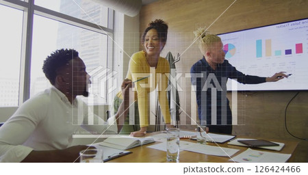 Image of data processing and diagrams over diverse colleagues discussing work in office Image of data processing and diagrams over diverse colleagues discussing work in office 126424466