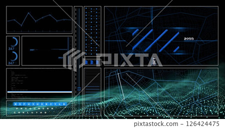 Image of digital data processing over glowing spots on black background 126424475
