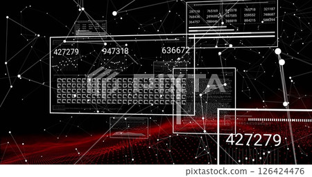 Image of digital data processing over connections on black background Image of digital data processing over connections on black background 126424476