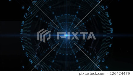 Image of digital data processing over glowing spots on black background 126424479