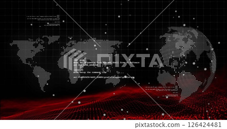 Image of digital data processing over world map and globe on black background 126424481