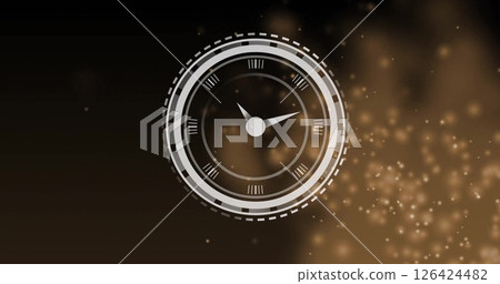 Image of clock and digital data processing over glowing spots on dark background 126424482