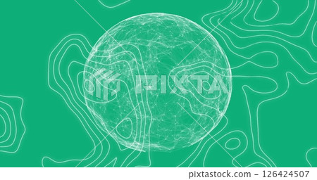 Image of globe and white lines moving over green background 126424507