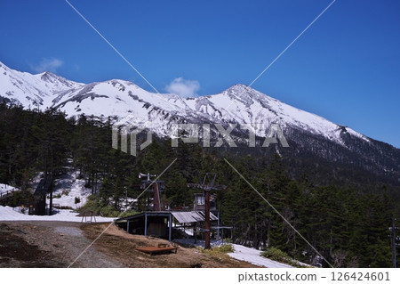 Spring: View of snow-capped Mount Ontake and Mount Marishiten from the Iimori Kogen Station on the Ontake Ropeway Spring: View of snow-capped Mount Ontake and Mount Marishiten from the Iimori Kogen Station on the Ontake Ropeway 126424601