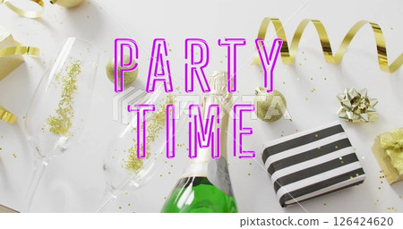 Image of party time text over cocktail glasses and bottle on white background 126424620
