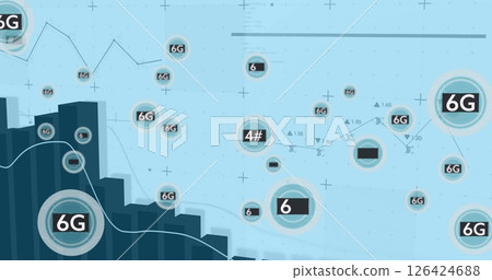 Image of 5g and 6g text, digital data processing over statistics Image of 5g and 6g text, digital data processing over statistics 126424688