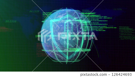 Image of data processing and padlock over globe and world map 126424693