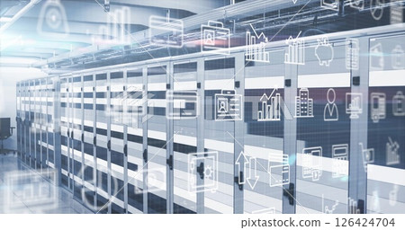 Image of digital icons and data processing over computer servers Image of digital icons and data processing over computer servers 126424704