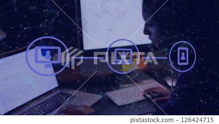 Image of media icons over biracial woman using laptop 126424715