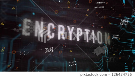 Image of network of connections over encryption text Image of network of connections over encryption text 126424756