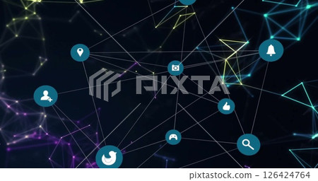Image of network of connections with icons over shapes 126424764