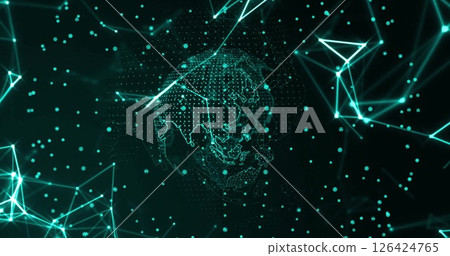 Image of network of connections with globe over shapes 126424765