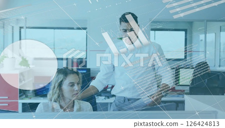 Image of data processing and diagrams over diverse colleagues using computer in office 126424813
