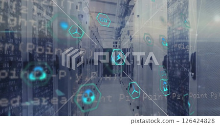 Image of eco icons and digital data processing over computer servers Image of eco icons and digital data processing over computer servers 126424828