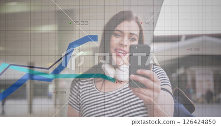 Image of data processing and diagrams over caucasian woman using smartphone 126424850