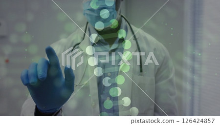 Image of dna strands over biracial male doctor with face masks 126424857