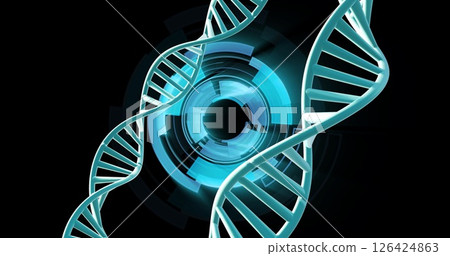DNA strands and digital circles, scientific data processing image DNA strands and digital circles, scientific data processing image 126424863