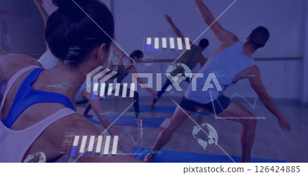 People doing yoga poses in studio with fitness data image over them People doing yoga poses in studio with fitness data image over them 126424885