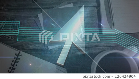 Large cursor image over office desk with papers and coffee cup Large cursor image over office desk with papers and coffee cup 126424904