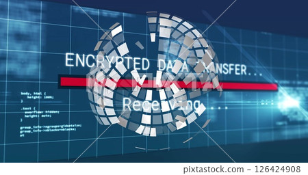 Encrypted data transfer image over rotating globe and digital grid 126424908