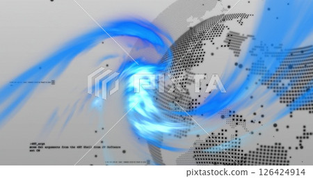 Digital globe with blue swirling image over dotted world map 126424914