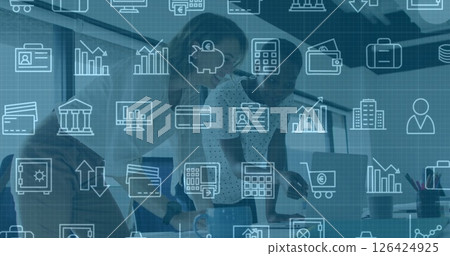 Business icons and data analytics image over diverse professionals collaborating in office 126424925