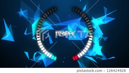 Speedometer image showing 90 MPH over blue geometric shapes Speedometer image showing 90 MPH over blue geometric shapes 126424926