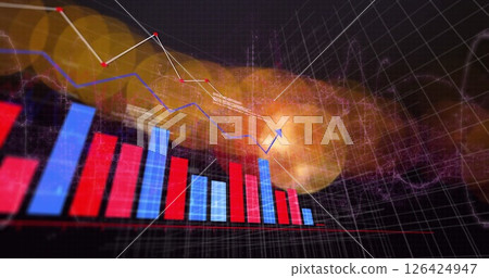 Bar and line graphs image over abstract background with glowing elements Bar and line graphs image over abstract background with glowing elements 126424947