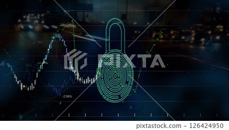 Fingerprint lock and stock market graph image over city street background 126424950