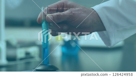Holding test tube with blue liquid, scientist working in laboratory image Holding test tube with blue liquid, scientist working in laboratory image 126424958