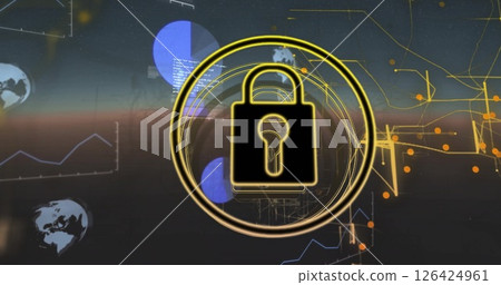 Lock icon image over digital data and world map background Lock icon image over digital data and world map background 126424961