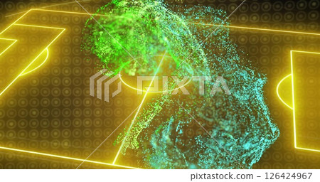 Abstract green and blue particles forming human figure over digital image background 126424967