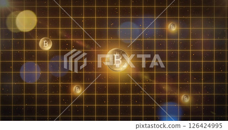 Bitcoin symbols and grid image over starry space background 126424995
