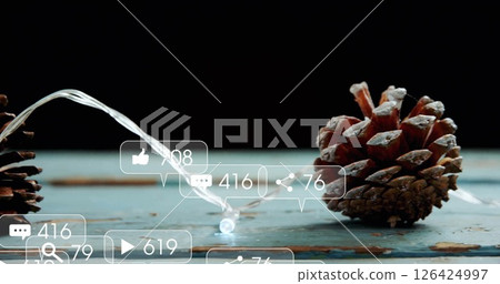 Social media notification icons image over pine cone and water stream Social media notification icons image over pine cone and water stream 126424997