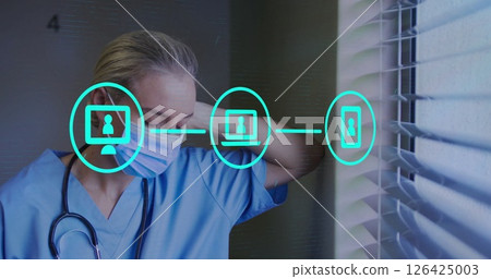 Medical professional wearing mask, network connection icons image over background Medical professional wearing mask, network connection icons image over background 126425003