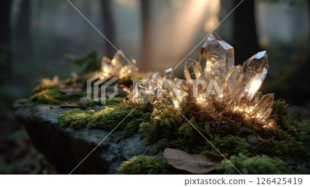 Glowing Crystals on Mossy Rocks in a Forest 126425419