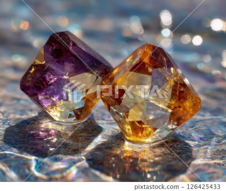 Purple And Yellow Faceted Gemstones On Wet Surface 126425433