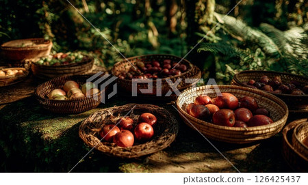 Red Apples and Berries in Wicker Baskets on Mossy Surface Red Apples and Berries in Wicker Baskets on Mossy Surface 126425437