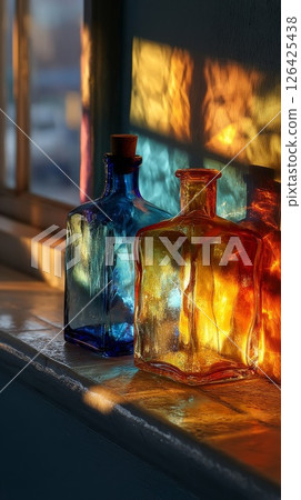 Colorful Glass Bottles in Sunlight by Window Colorful Glass Bottles in Sunlight by Window 126425438