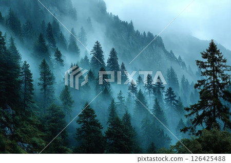 Misty Mountain Forest Landscape with Blue Fog Misty Mountain Forest Landscape with Blue Fog 126425488