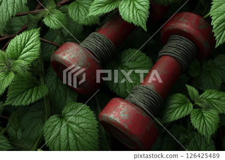 Rusty Red Dumbbells on Lush Green Leaves Rusty Red Dumbbells on Lush Green Leaves 126425489